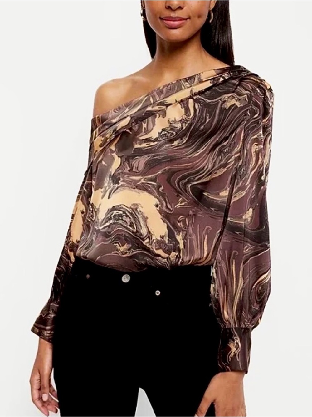 Express NWT Satin Marble Print One Shoulder Blouse Top Women’s Size Medium